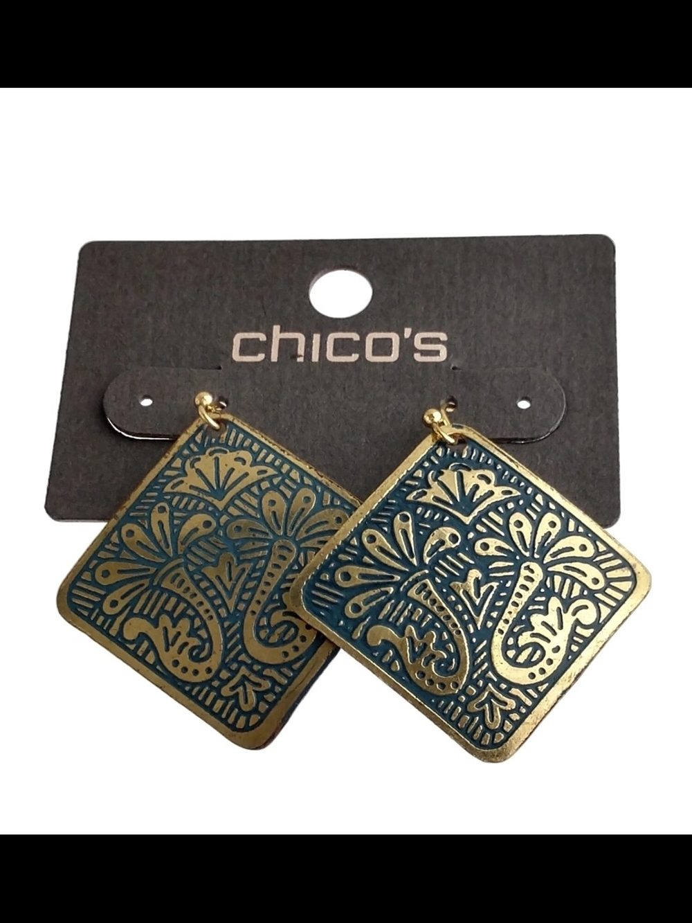 Chicos Vala Earrings Exotic Brass Square Blue Floral Dangle 1 3/4" - Picture 2 of 3